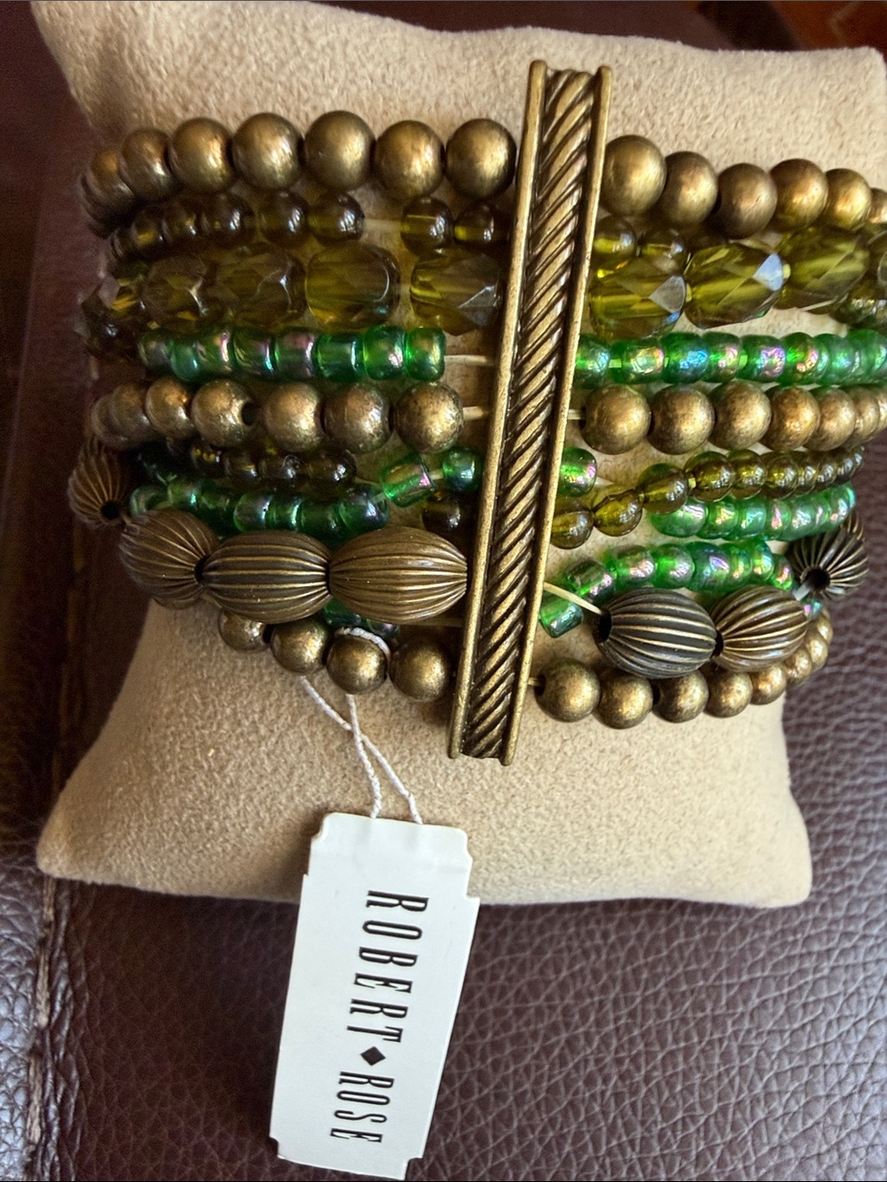 Robert Rose Olive Green and Antique Gold Multi-Strand Beaded Bracelet